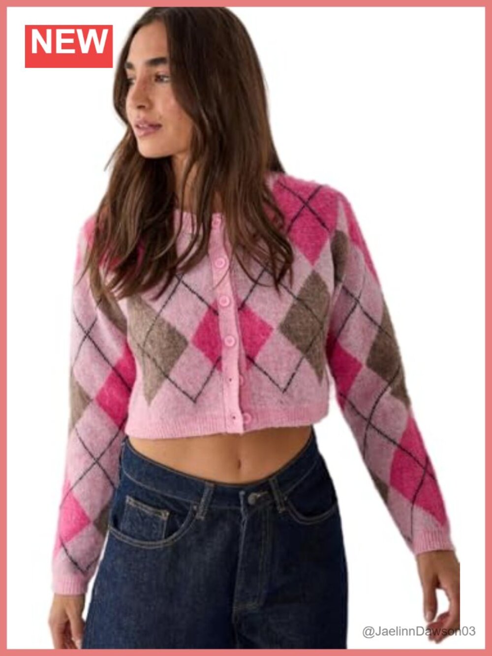 Brushed Argyle Cropped Cardigan Button Loose Fit Long Sleeve
